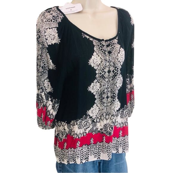 NWT Angie Black Red Boho Inspired Print Long Sleeve Top 3 button Scoop Neck Top - Picture 12 of 16